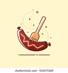 Grilled Sausage Barbecue with fork icon. Vector illustration.