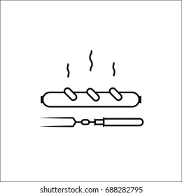  Grilled sausage and barbecue fork, vector line icon isolated on white background. 