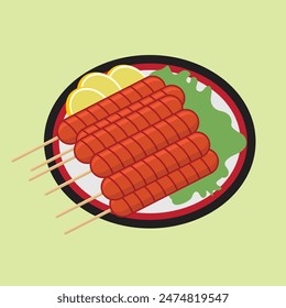 Grilled sausage. Bbq. Design elemen. Vector illustration in trendy flat style isolated on color background. Grilled sausage menu illustration.
