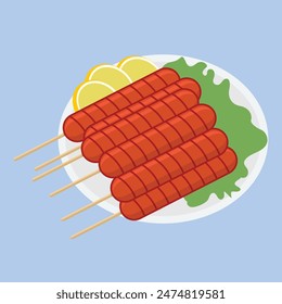 Grilled sausage. Bbq. Design elemen. Vector illustration in trendy flat style isolated on color background. Grilled sausage menu illustration.