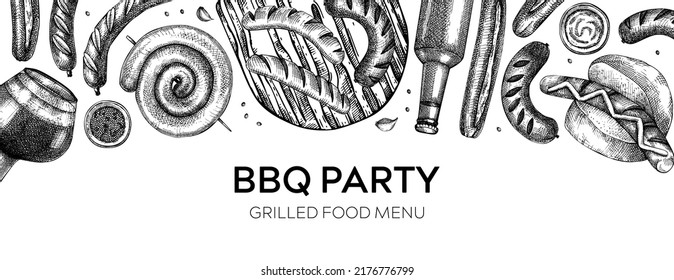 Grilled sausage and beer banner. Hand-drawn fast food illustration. Barbeque party sketched border. German food and drink sketches. Oktoberfest background. For bar menu, restaurant, or picnic design