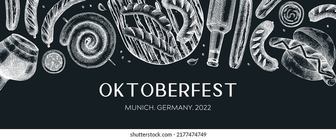 Grilled sausage and beer banner on chalkboard. Hand-drawn fast food illustration. Barbeque party sketched banner. German food and beer sketches. Oktoberfest background. For picnic or menu design