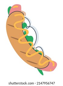 Grilled sausage in a bun with onions and herbs. Fast food. Juicy hot dog. Flat vector illustration. Eps10