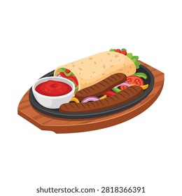 Grilled Sausage and Burrito Platter with Fresh Salad and Dipping Sauce on Wooden Tray Illustration