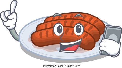 Grilled sausage cartoon character speaking on phone