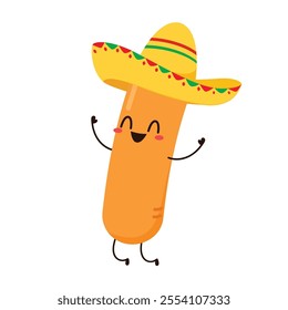 Grilled sausage character. Mexican sausage. BBQ. Vector illustration in trendy flat style isolated on white background.