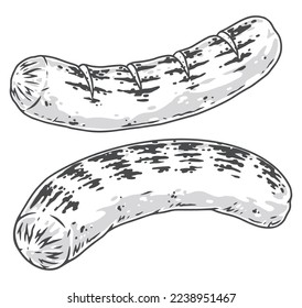 Grilled sausage colorful logotype vintage two bratwursts with cuts and traces roasting on open flame or in oven vector illustration