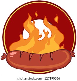 Grilled Sausage And Flames With Banner In Circle