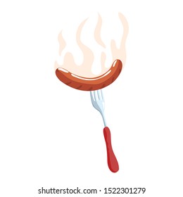grilled sausage with a fork on white background vector illustration design