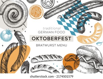 Grilled sausage frame in collage style. Hand-drawn fast food restaurant menu design. Barbeque party sketched banner. Popular german food sketches. Oktoberfest background with trendy abstract elements