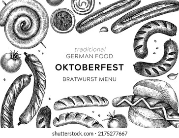 Gitterwürfelrahmen. Handgezeichnete Fast-Food-Restaurant-Menüs Design. Banner der Barbeque Party entworfen. Beliebte deutsche Lebensmittelskizzen. Oktoberfest-Hintergrund. Schwarz-Weiß-Fleischgrafik.