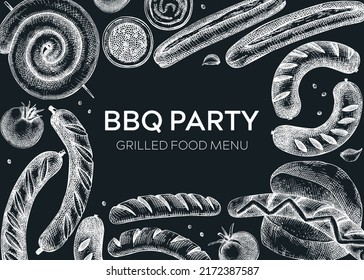 Grilled sausage frame on chalkboard. Hand-drawn fast food illustration. Barbeque party sketched banner. German food sketches. Oktoberfest background. For picnic, delivery, bar or restaurant design