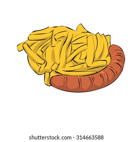 Grilled sausage with french fries. Hand drawn vector illustration.
