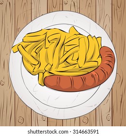 Grilled sausage with french fries. Hand drawn vector illustration.