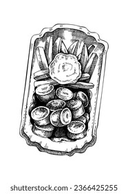 Grilled sausage with French fries sketch. Hand-drawn vector illustration. Fast food drawing. Traditional European Christmas market food, Oktoberfest menu design element. German cuisine meal