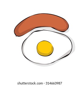 Grilled sausage with fried egg. Hand drawn vector illustration.