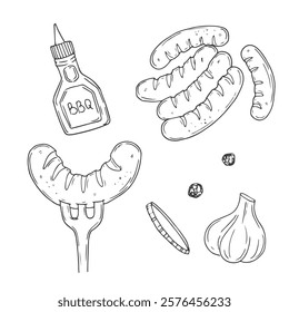 Grilled sausage hand drawn outline doodle icon. Vector sketch illustration of sausage for print, web, mobile and infographics isolated on white background.