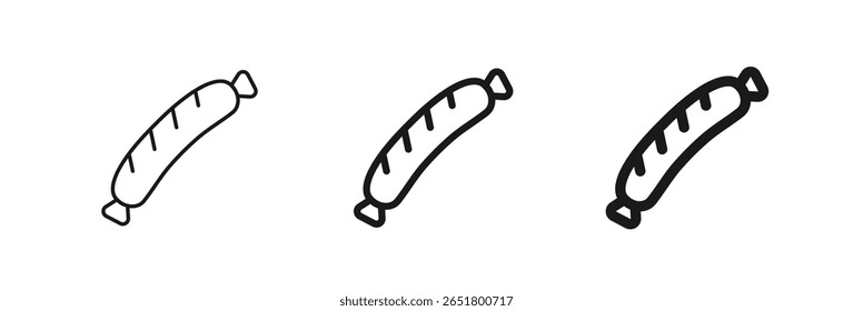 Ícone de salsicha grelhada em contorno fino, regular e em negrito. Perfeito para temas de comida, churrasco ou restaurante. Carne, açougue. Para menus, aplicativos móveis, página da Web, marca fast food. Ilustração vetorial
