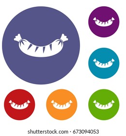 Grilled sausage icons set in flat circle reb, blue and green color for web