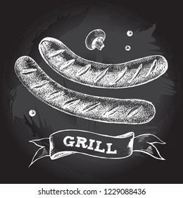 Grilled sausage. Ink hand drawn Vector illustration. Food element for menu design.