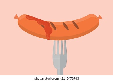 grilled sausage with ketchup and on a fork
