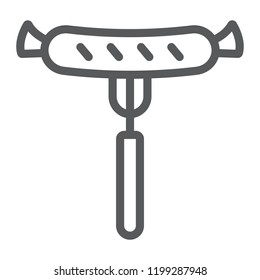 Grilled sausage line icon, barbecue and food, sausage on fork sign, vector graphics, a linear pattern on a white background, eps 10.