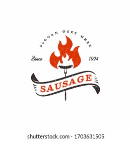 grilled sausage logo design with ribbon vintage sign elements