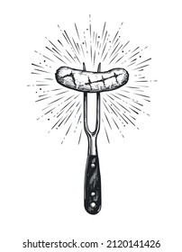 Grilled Sausage On Barbecue Fork. Grilled Meat Hand Drawn Vector Sketch Illustration