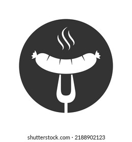 Grilled sausage on barbecue fork icon. Hot sausage on the fork sign in the circle isolated sign on white background. Vector illustration