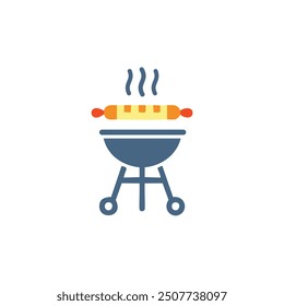 Grilled sausage on bbq grill icon. Flat icon of a sausage cooking on a hot barbeque grill. Perfect for menus, food blogs, or summer-themed designs.