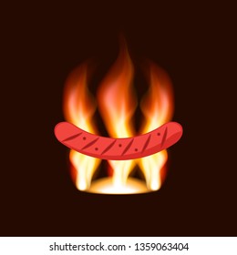 Grilled sausage on fire background. Isolated vector illustration. 