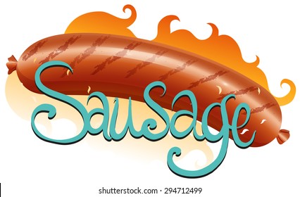 Grilled sausage on fire with text