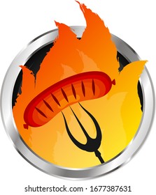 Grilled sausage on a fork on a background of bright fire symbol