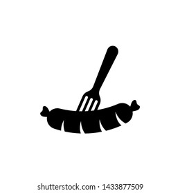 Grilled Sausage on Fork, BBQ. Flat Vector Icon illustration. Simple black symbol on white background. Grilled Sausage on Fork, BBQ sign design template for web and mobile UI element