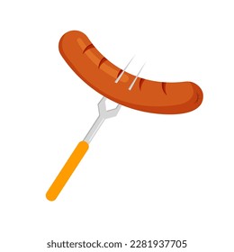 Grilled sausage on a fork. Bbq. Design element for your poster, web page, menu, brochure, flyer. Vector illustration in trendy flat style isolated on white background.