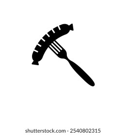 Grilled Sausage on Fork, BBQ Solid Flat Vector Icon Isolated on White Background.