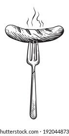 Grilled Sausage On A Fork, Doodle Style, Sketch Illustration, Hand Drawn, Vector