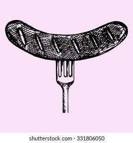 Grilled Sausage On A Fork, Doodle Style, Sketch Illustration, Hand Drawn, Vector