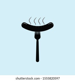 Grilled sausage on fork flat vector icon black and white