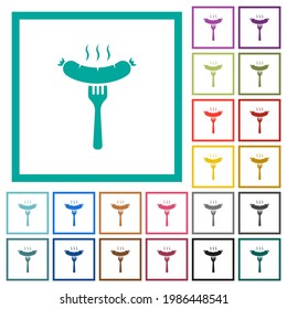Salchichas a la parrilla sobre iconos de color plano de horquilla con marcos cuadrantes sobre fondo blanco