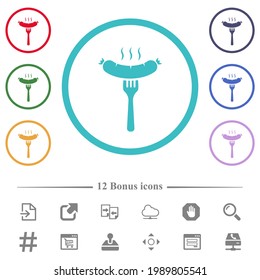 Grilled sausage on fork flat color icons in circle shape outlines. 12 bonus icons included.