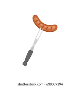 Grilled sausage on the fork flat vector illustration.