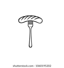 Grilled sausage on fork hand drawn outline doodle icon. Vector sketch illustration of fork with sausage for print, web, mobile and infographics isolated on white background.