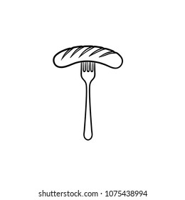 Grilled sausage on fork hand drawn outline doodle icon. Vector sketch illustration of fork with sausage for print, web, mobile and infographics isolated on white background.