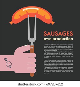 Grilled sausage on a fork in his hand. Own production. Vector illustration.