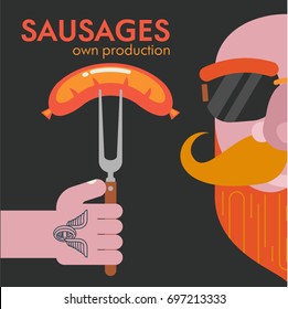 Grilled sausage on a fork in his hand. Bald bearded man gourmet. Vector illustration.