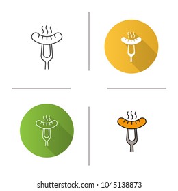 Grilled sausage on fork icon. Flat design, linear and color styles. Bratwurst. Isolated vector illustrations