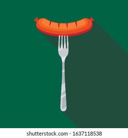 Grilled sausage on a fork icon on green background with long shadow. Meat food vector illustration