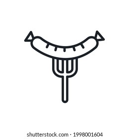 Grilled sausage on fork icon. Vector isolated linear icon contour shape outline. Thin line. Modern glyph design. Meat products. Food ingredients
