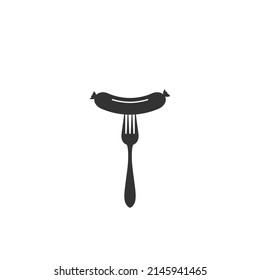 Grilled sausage on fork icon. Hot sausage on fork isolated sign on white background. Vector illustration flat sign